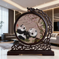 Double - sided embroidered screen ornament with panda patterns in Shu embroidery style