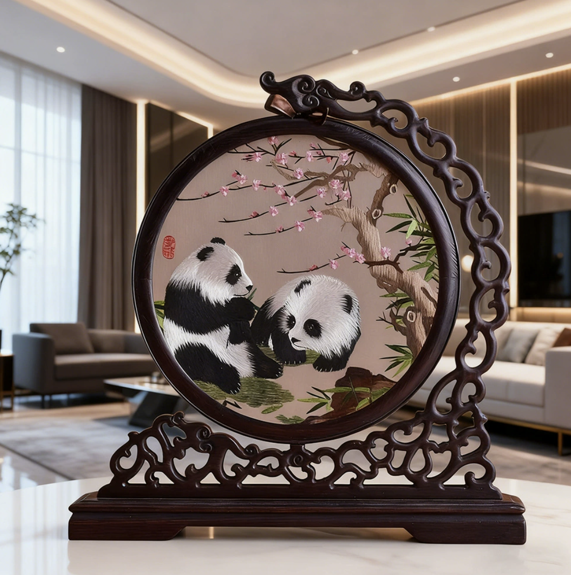 Double - sided embroidered screen ornament with panda patterns in Shu embroidery style