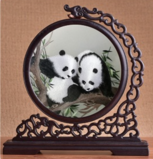 Double - sided embroidered screen ornament with panda patterns in Shu embroidery style