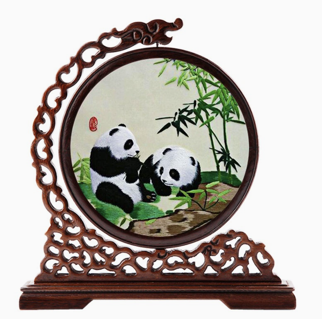Double - sided embroidered screen ornament with panda patterns in Shu embroidery style