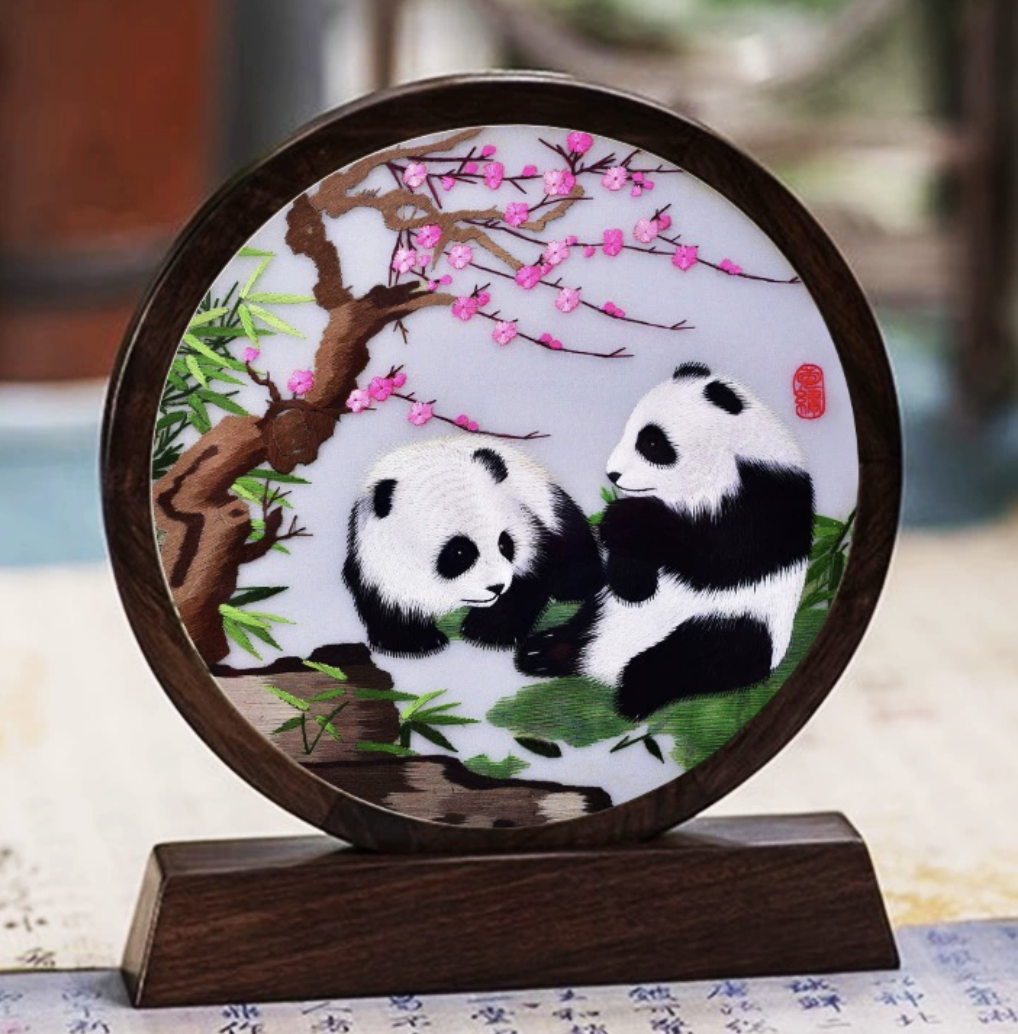 Hand - embroidered panda - themed screen ornament