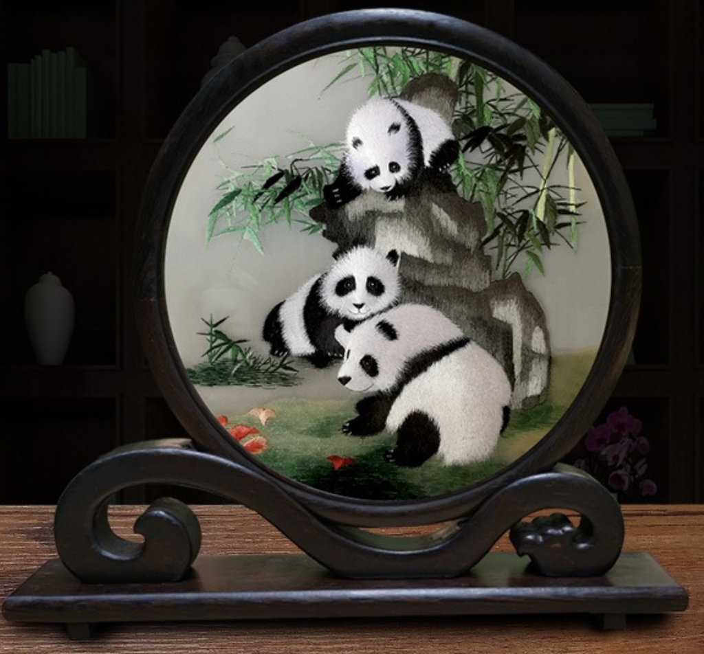 Double-sided embroidered screen ornament with chicken wing wood ruyi stand