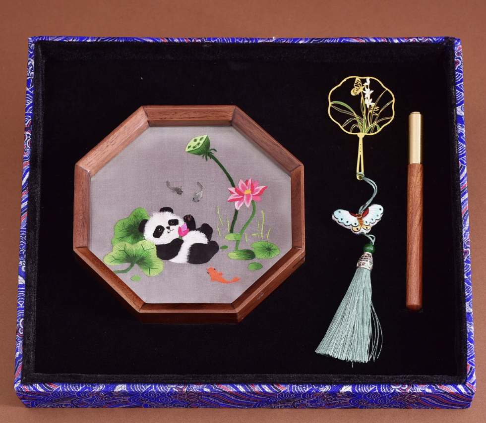 Hand - embroidered Panda Ornament and Handmade Bookmark Set
