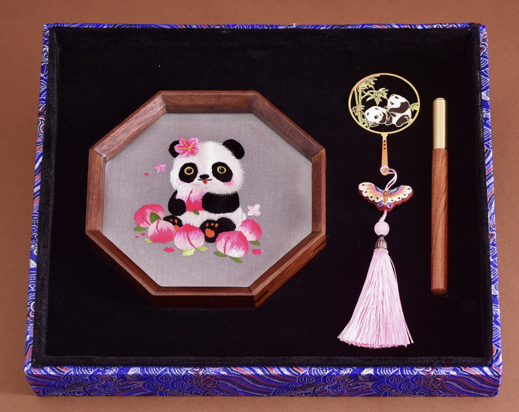 Hand - embroidered Panda Ornament and Handmade Bookmark Set