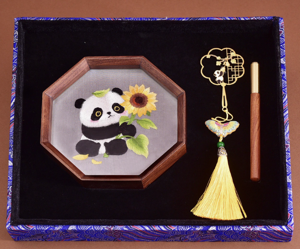 Hand - embroidered Panda Ornament and Handmade Bookmark Set
