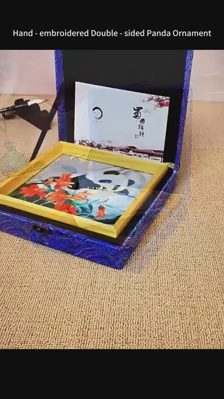 Square ornament with double - sided panda - themed Shu embroidery